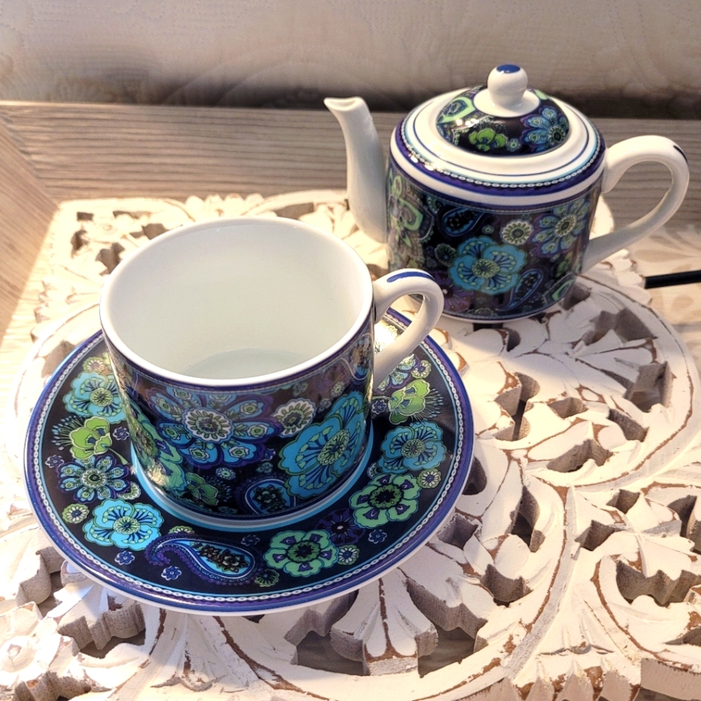 Vera Bradley "Blue Rhapsody" Andrea by Sadek RARE Teacup 🍵 Saucer & Creamer Set